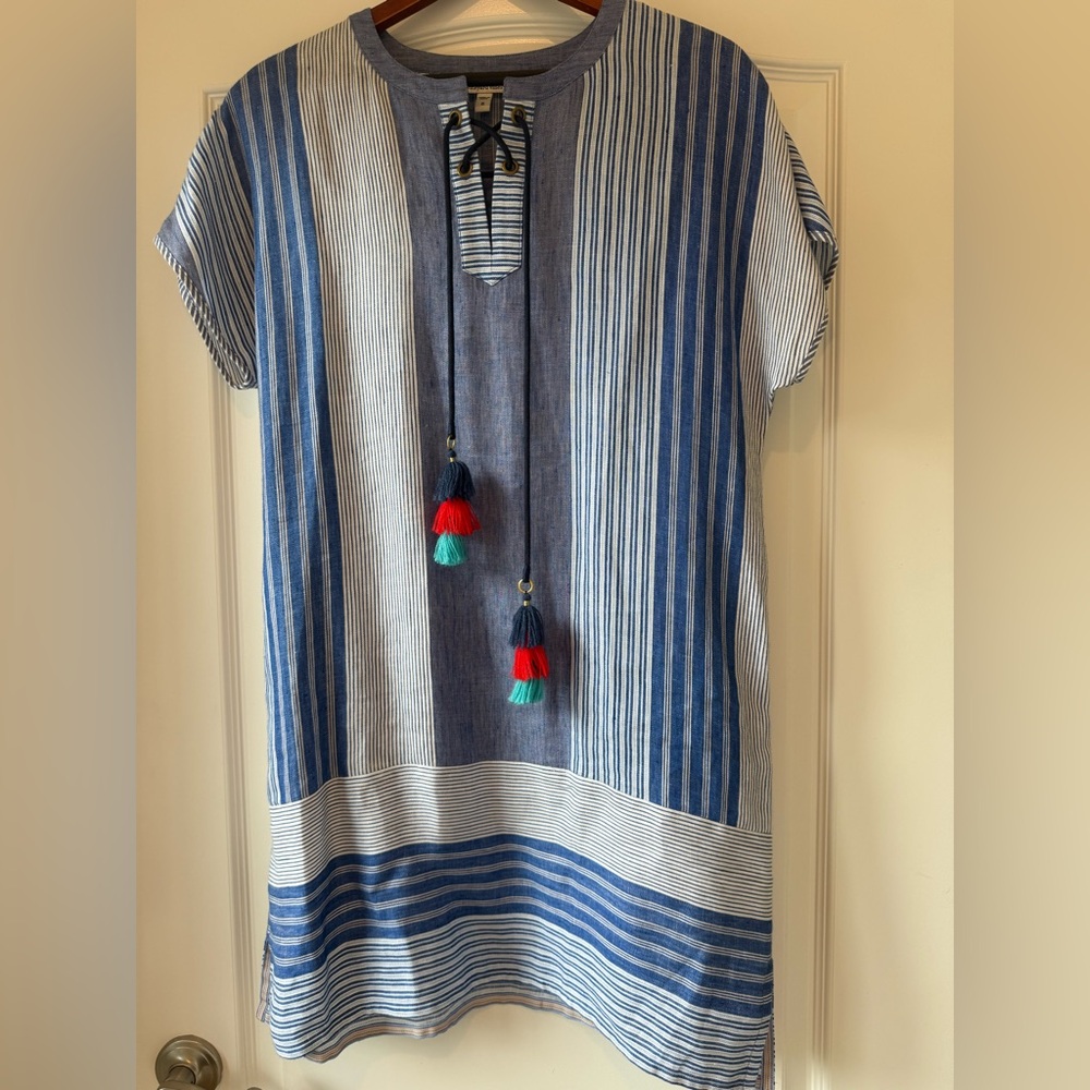 Vineyard Vines Blue and White Striped Linen Tunic Dress with Tassel Details - 6